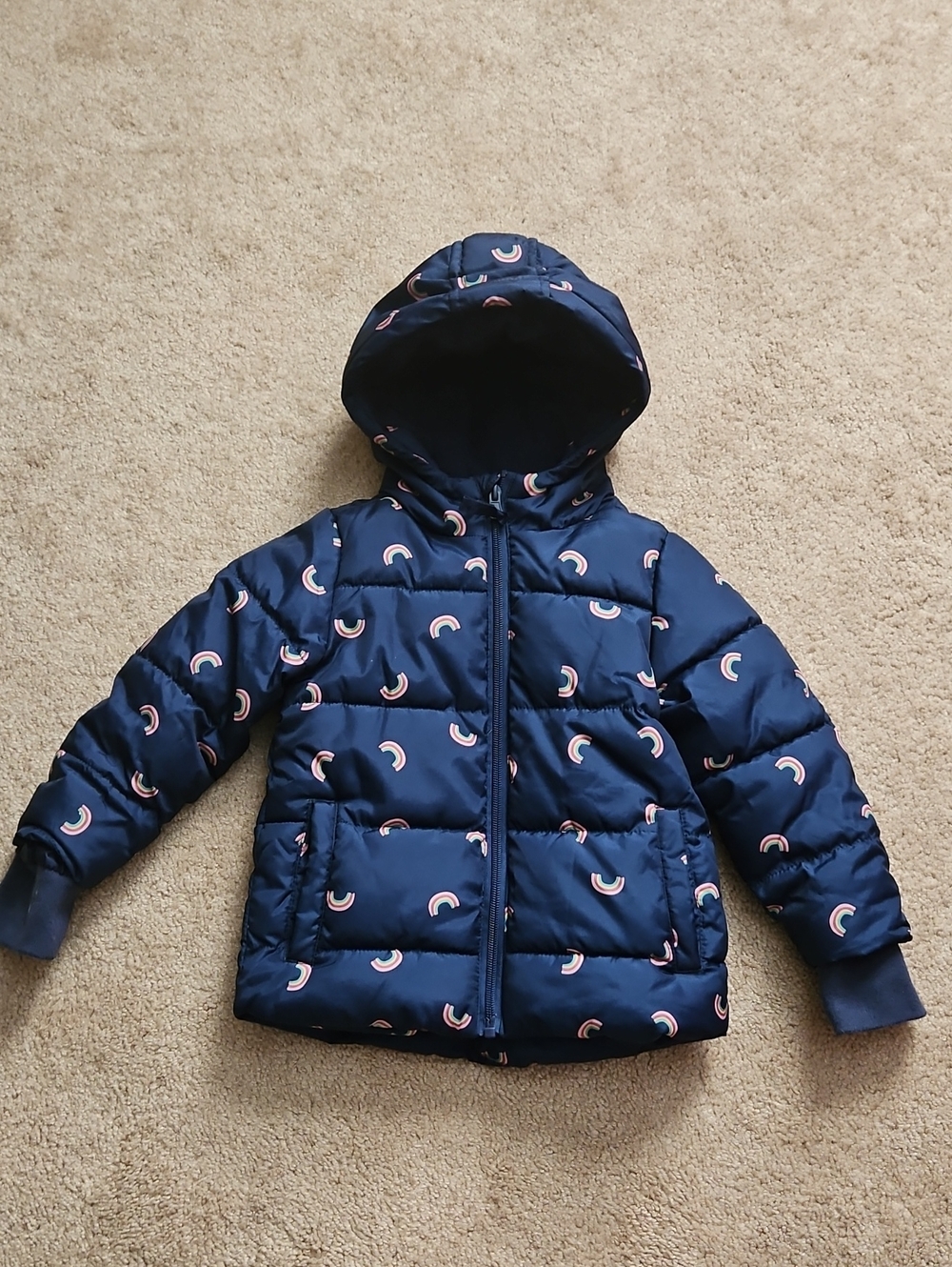 Kids Navy Hooded Puffer Jacket with Pink Rainbow Print